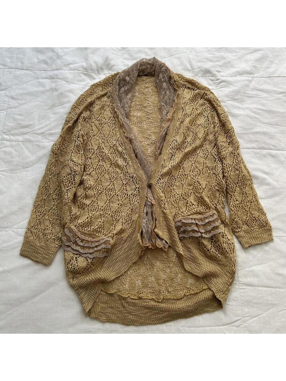 Axes Femme Tan Beige Open Knit Lace Trim Cardigan Mori Kei M Japan